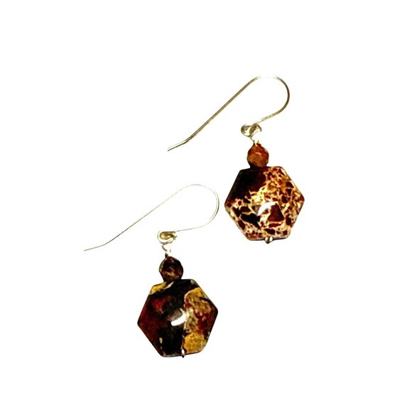 Hexagon Jasper Stone Dangle Earrings Handmade Brown Gemstone Jewelry - Picture 3 of 8